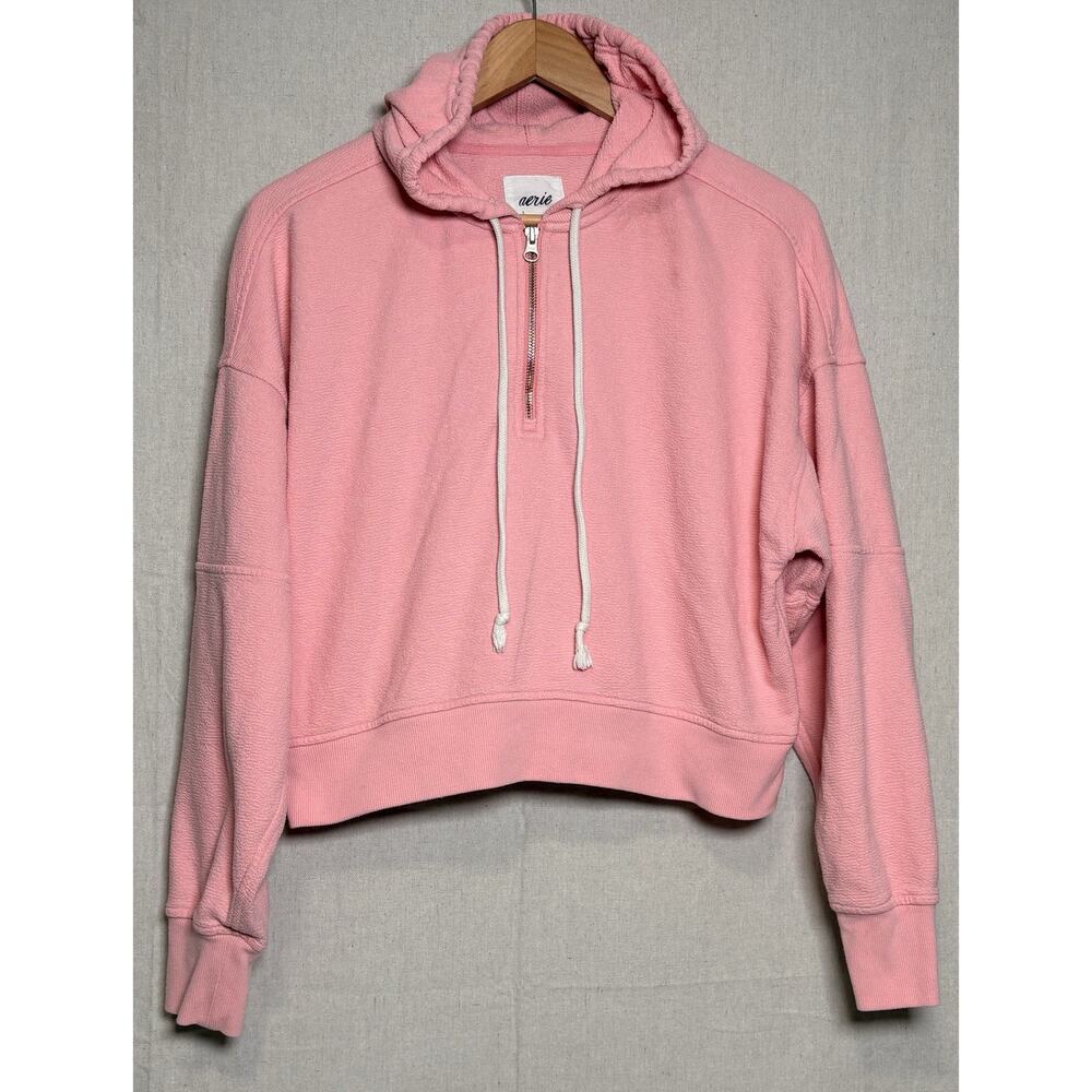 Aerie Quarter Zip Hooded Sweatshirt Womens Sz S Pink Peach‎ Relaxed Loungewear